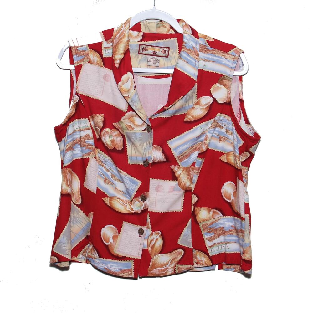 Vintage Caribbean Joe Sleeveless Tropical Beach Postcard Button Down Top PXL